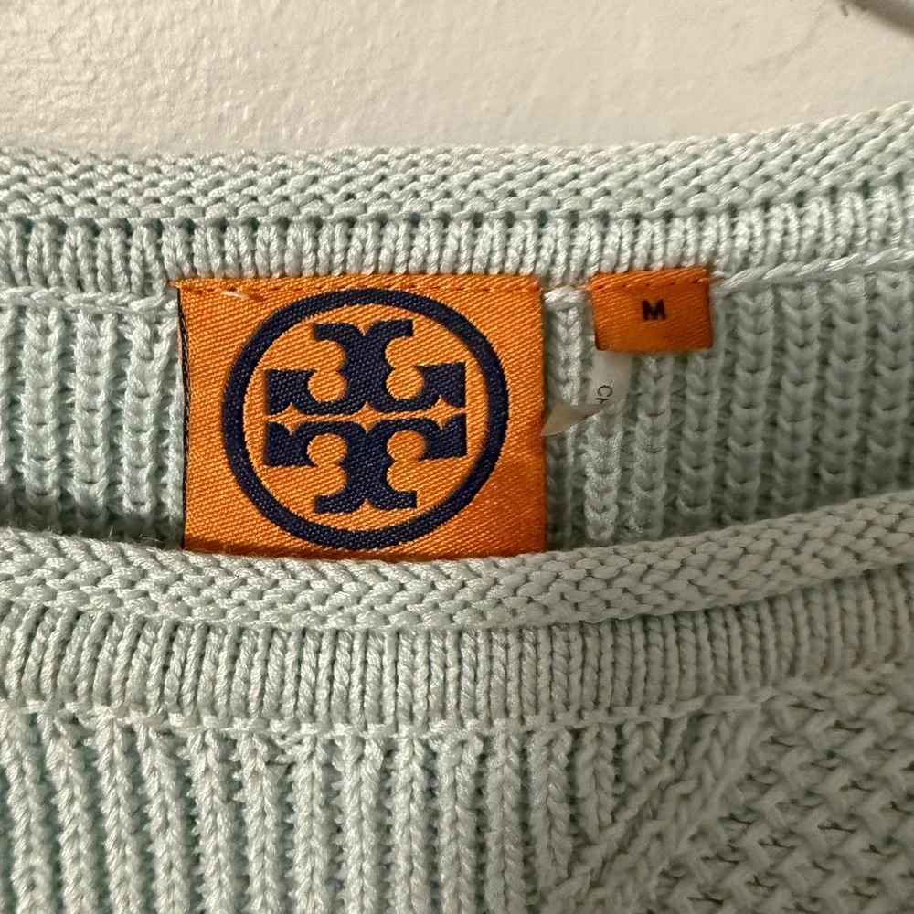 Tory Burch Crew Neck Waffle Knit Sweater Ice blue Raglan Sleeve Pullover Women M